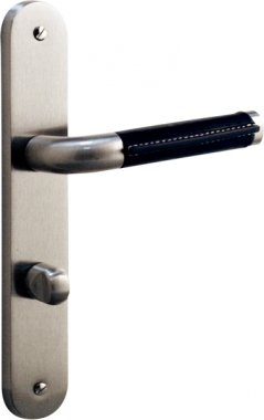 1/2 poignée de porte intérieure en métal Nickel mat et cuir noir sur plaque  Condamnation entraxe 195 mm, ROMEO