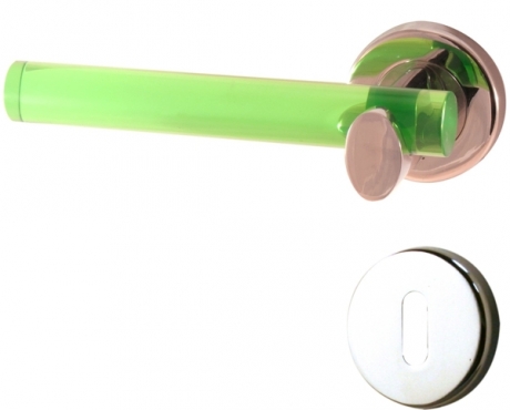 1/2 poignée de porte intérieure pas cher gauche design en métal chromé et  acrylique translucide vert sur rosace ronde Clé L, VITAMINE